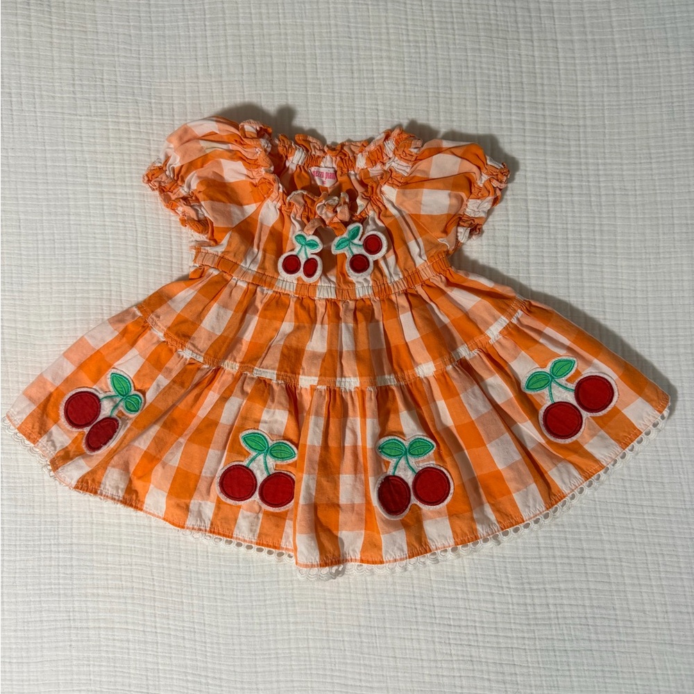 Vintage Mezzo Piano Japan Orange Gingham Cherry Applique Dress Size 80 12-18M
